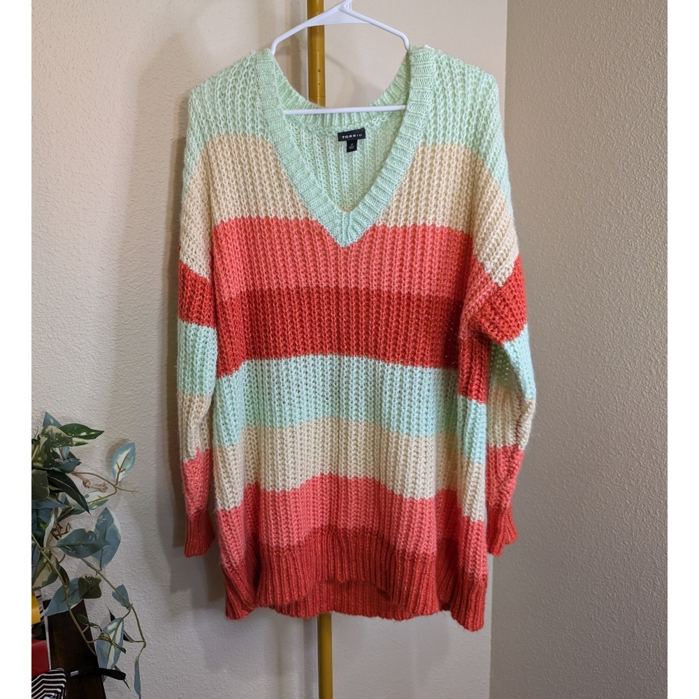 Torrid Oversized Striped V-Neck Tunic Sweater Mint Coral Chunky Knit Size 2 2X